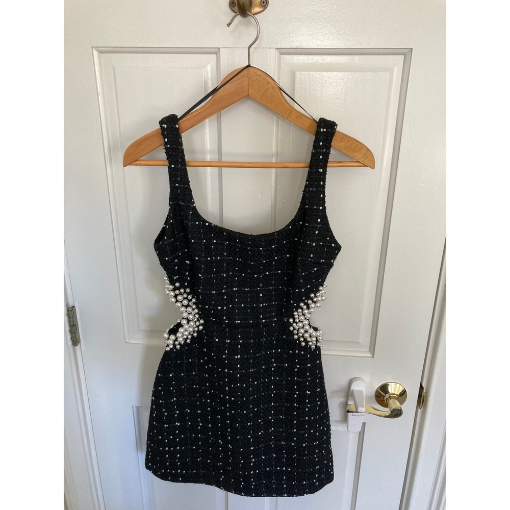 Zara Tweed Black & White Mini Dress with cutouts and pearls, XS